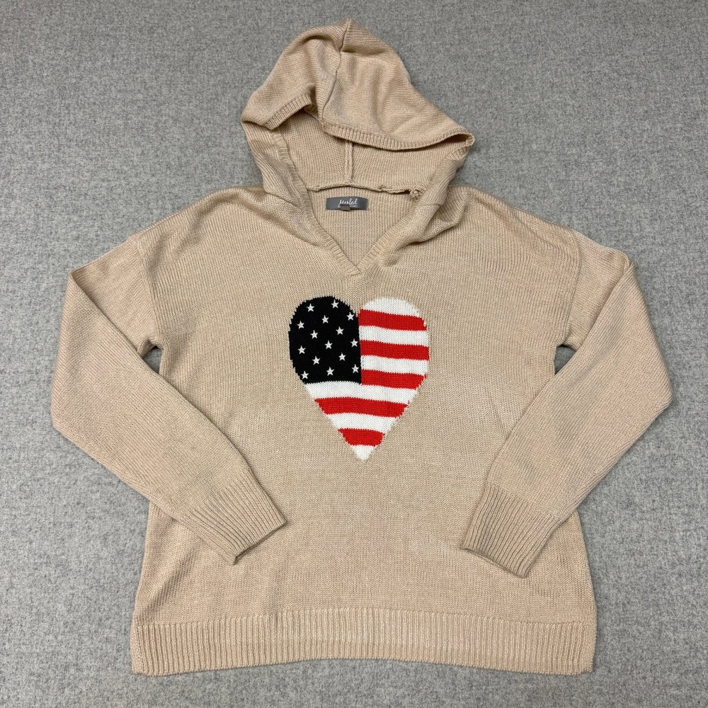 Marled | American Flag Heart Knit Hoodie | Large | Tan Beige | Patriotic Stars